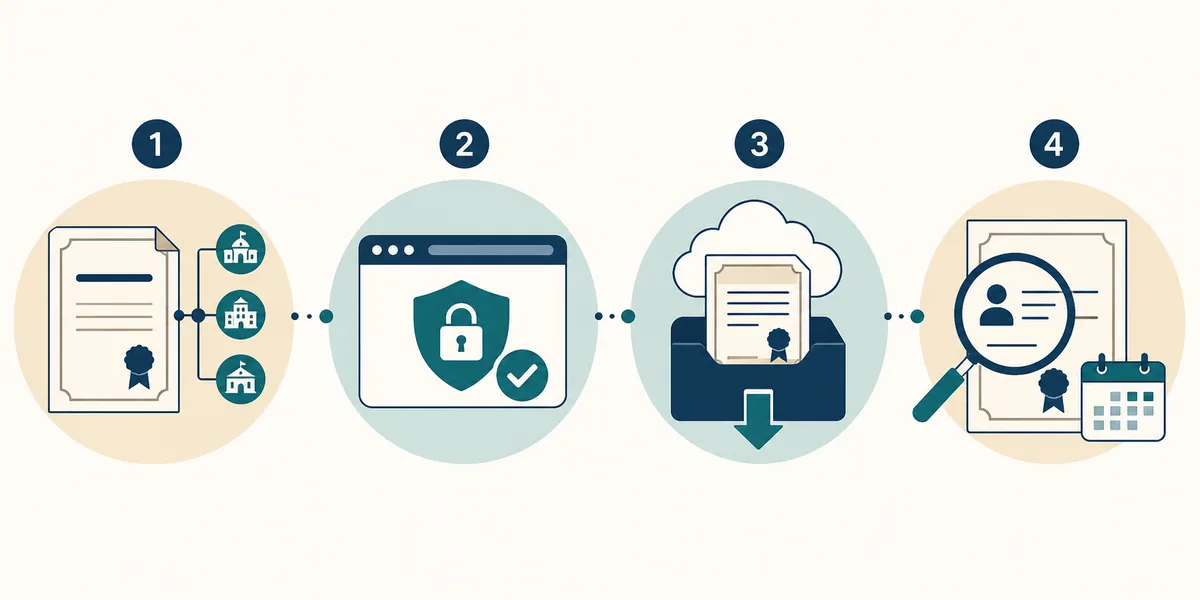 Conceptual four-step flow for an 10th certificate download and verification