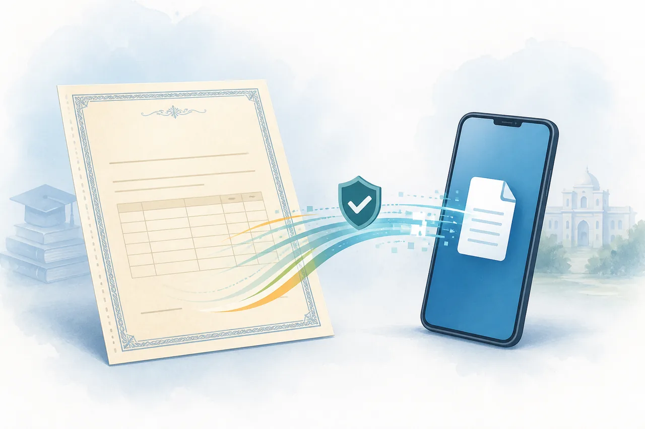 Editorial illustration of a higher-secondary marksheet moving from an education board to a secure digital document folder