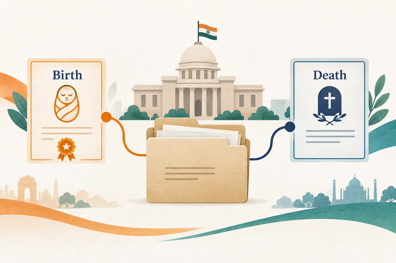Redaktionelle Illustration offizieller Wege zu Geburts- und Sterbeurkunden in Indien