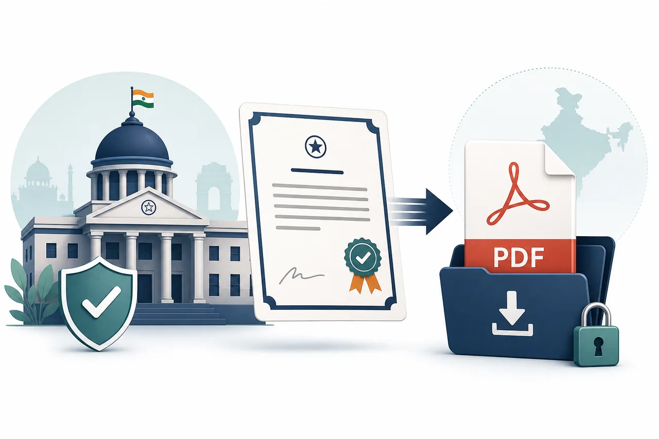 Illustrazione di un certificato che passa da un'autorità pubblica indiana a una cartella PDF sicura