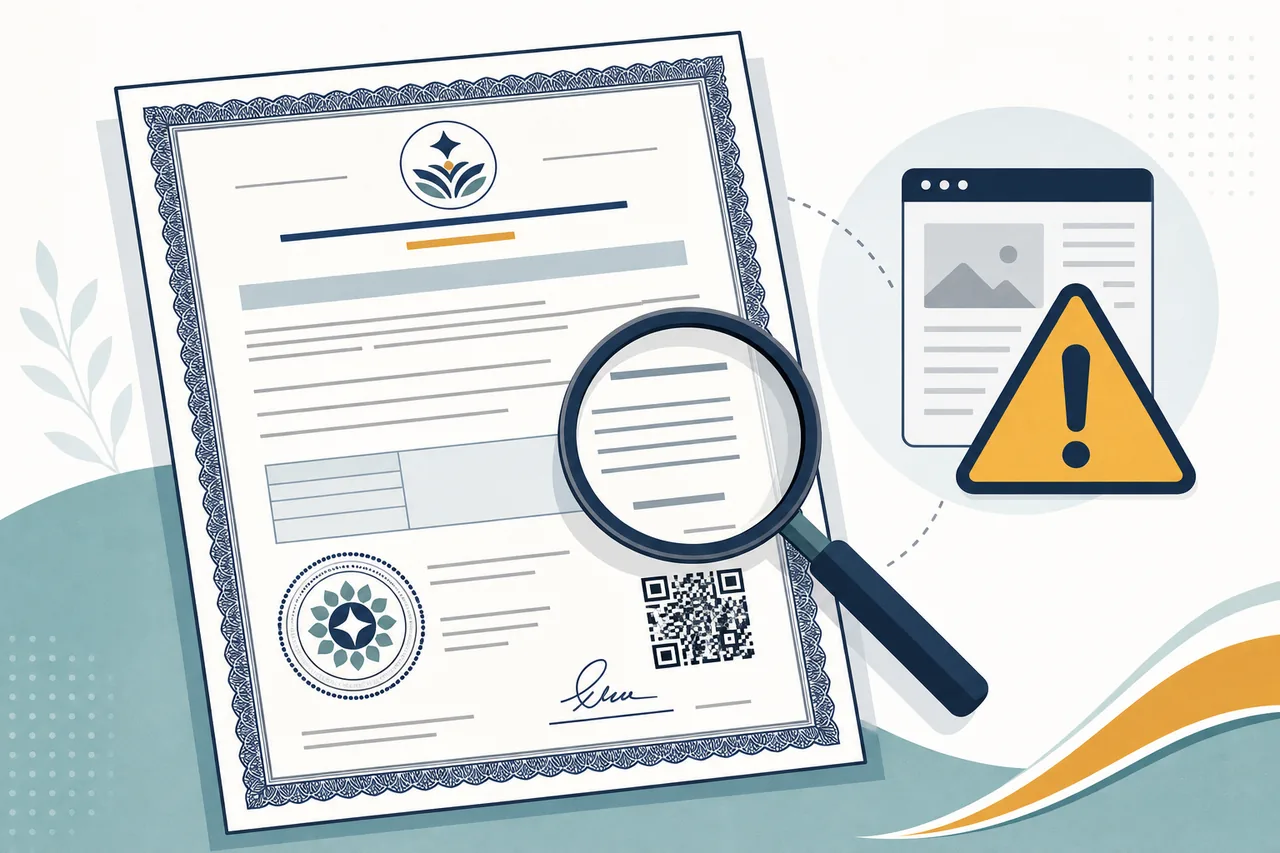 Certificato concettuale con lente, segno di verifica e avviso contro modelli non ufficiali