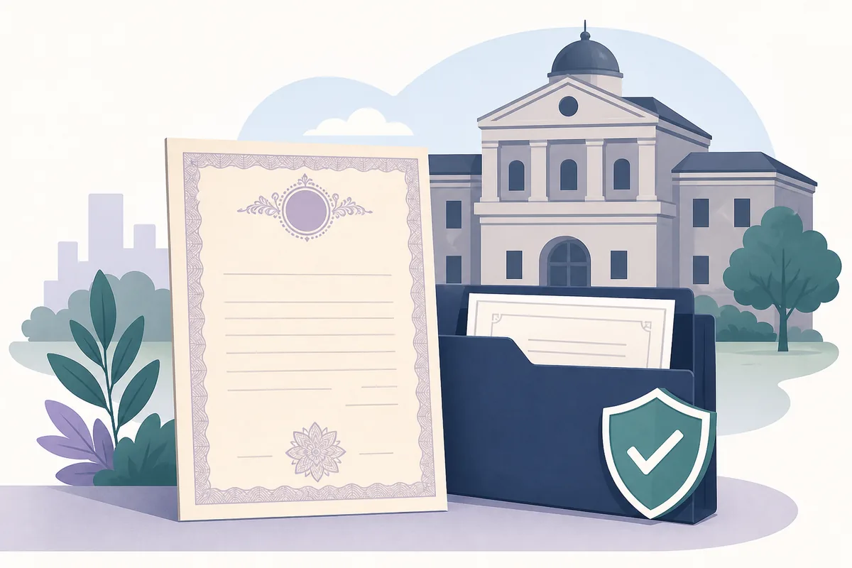 Conceptual illustration of an death certificate and a secure official-document download route
