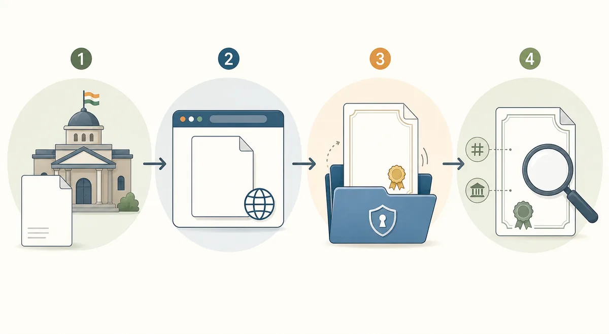 Conceptual four-step flow for an death certificate download and verification