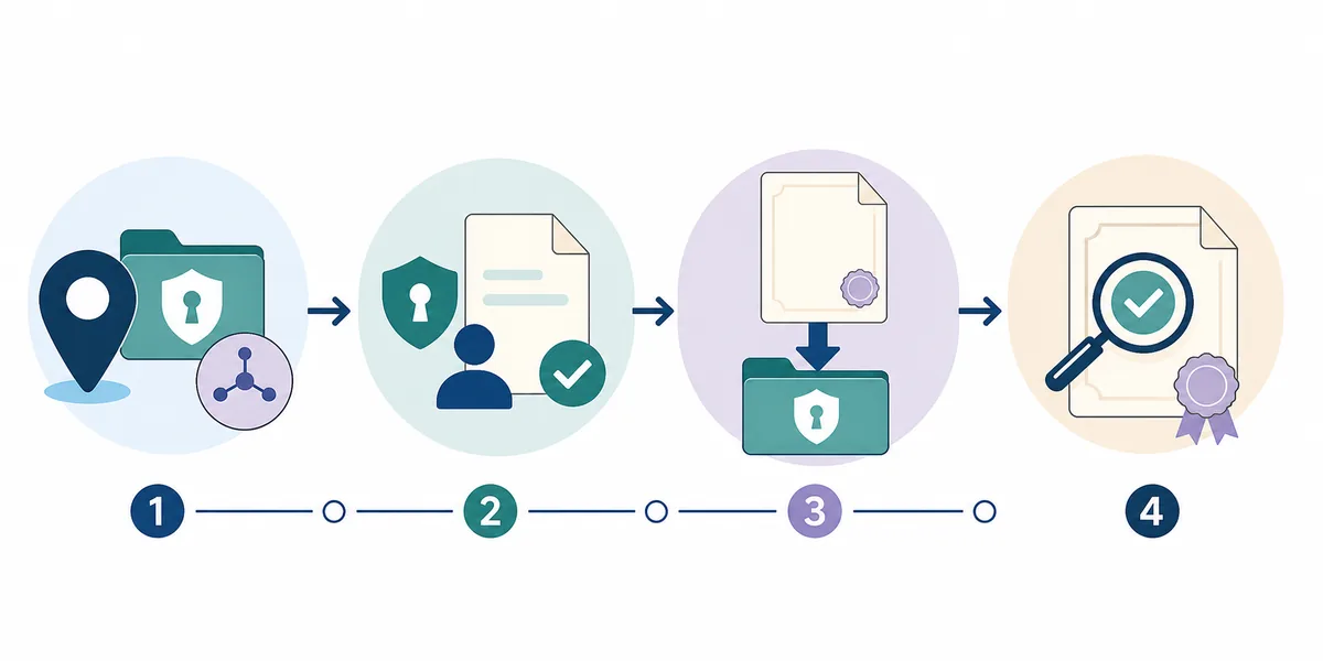 Conceptual four-step flow for an income certificate download and verification