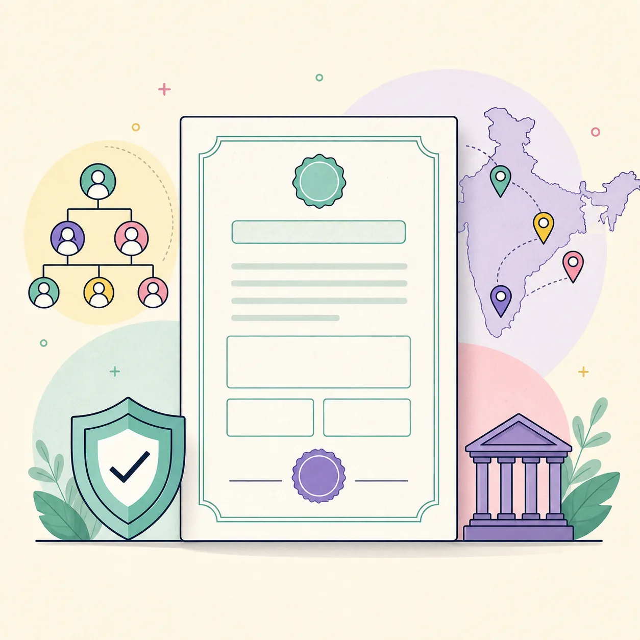 Illustration of a legal heir certificate, family relationship tree, shield and state portal markers