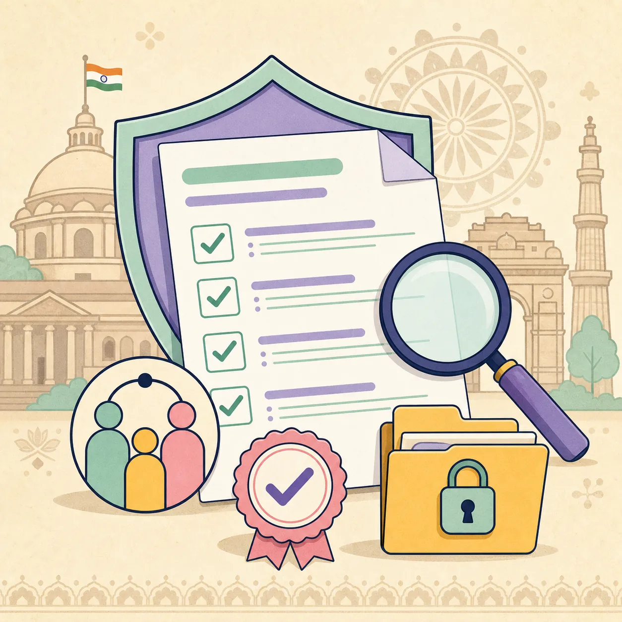 Conceptual verification of a legal heir certificate with a magnifying glass, family icon, shield and locked folder