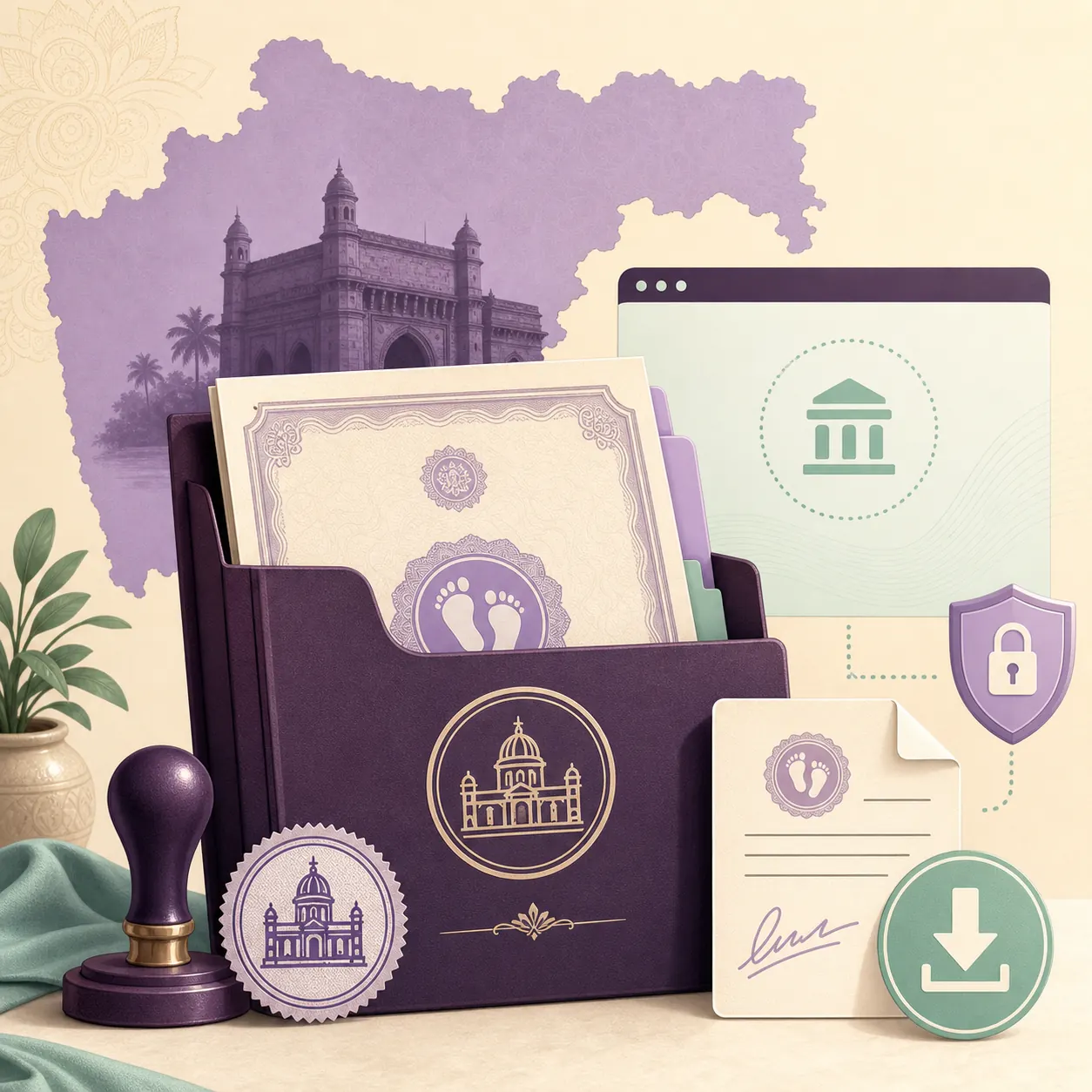 Konzeptionelle Illustration einer Geburtsurkunde aus Maharashtra und eines sicheren offiziellen Downloadwegs