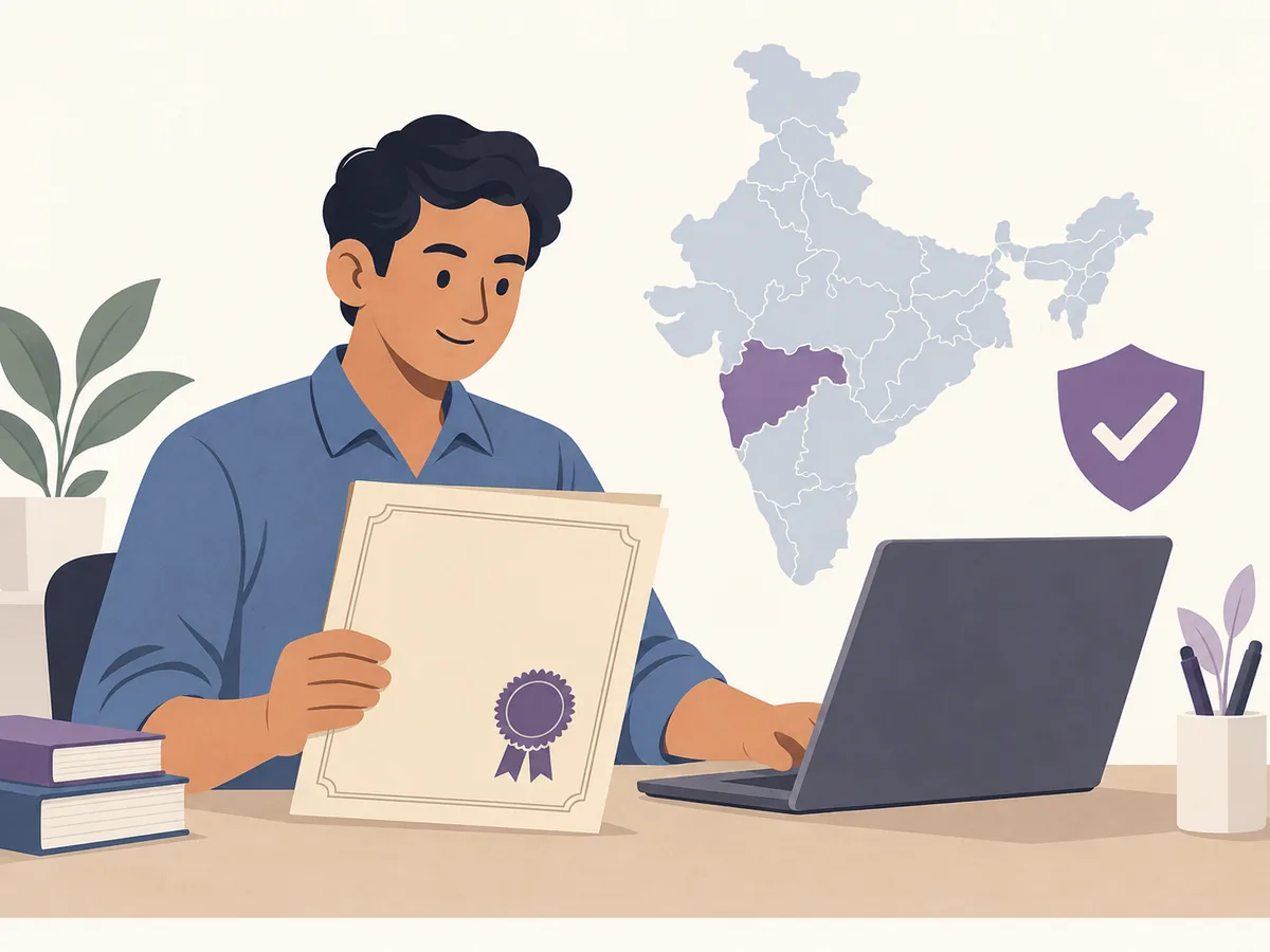 Ilustración editorial de una persona revisando un certificado junto a un mapa de India y un escudo de verificación