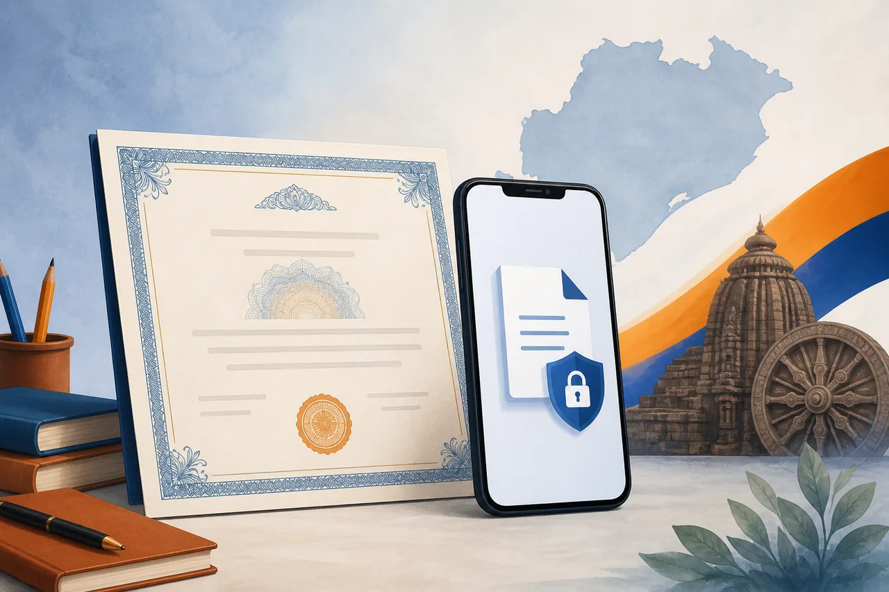 Illustrazione concettuale di un certificato scolastico dell’Odisha e di un documento digitale sicuro