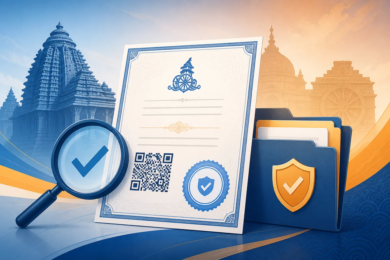 Illustrazione concettuale della verifica di un certificato con lente, motivo QR e cartella sicura