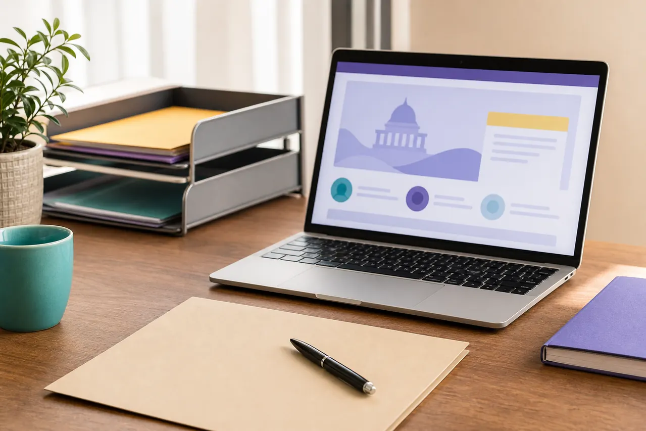 Desk with a blank document folder and an abstract government service portal for an unmarried certificate guide