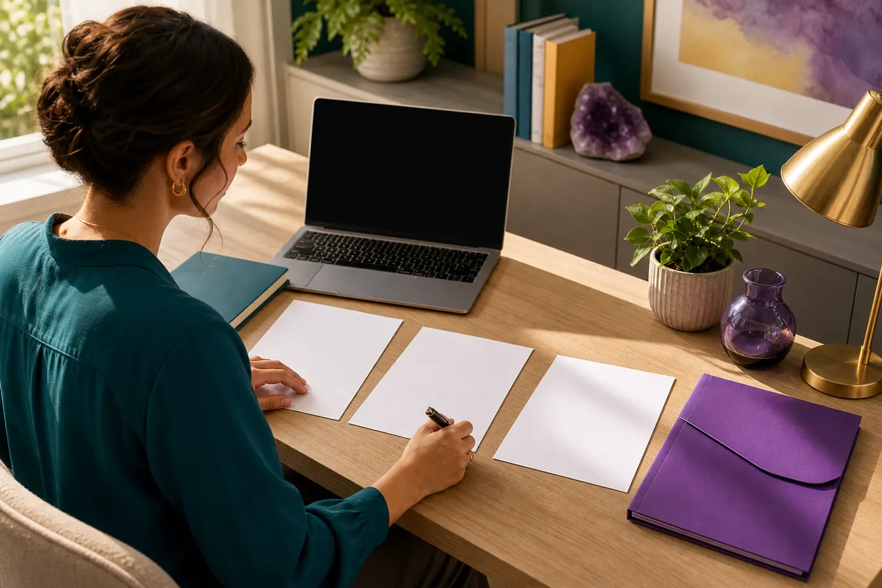 Person reviewing blank paperwork beside a laptop and secure folder for an online certificate process