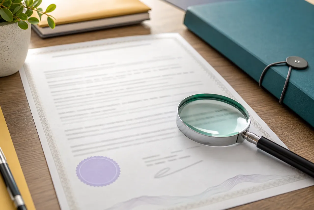 Blurred certificate document with a magnifying glass and secure folder for checking an issued record